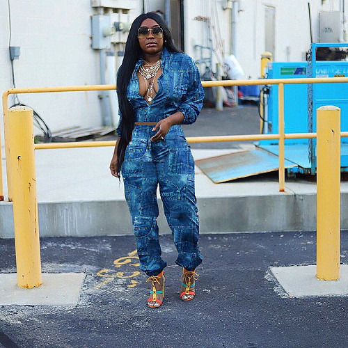 Imitate Denim Print Long Sleeve Crop Top 2 Piece Pants Set DM-8164