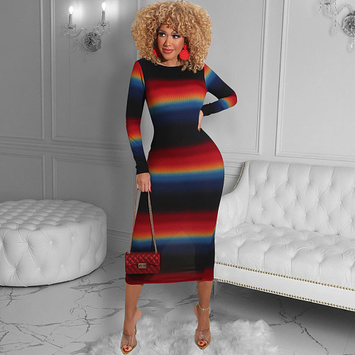Gradient Print Women Long Sleeve Elegant Bodycon Midi Dress HMS-5419