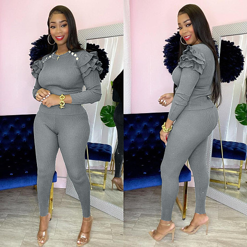 Flounces Long Sleeve T-shirt Skinny Pants Two Piece Outfits XMY-9290