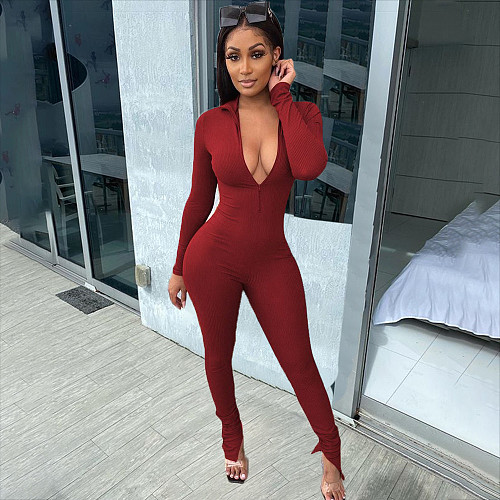 Long Sleeve Front Zipper Sport Wear Womens Skinny Jumpsuit MEM-8320