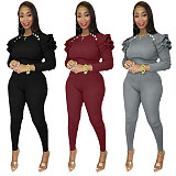 Flounces Long Sleeve T-shirt Skinny Pants Two Piece Outfits XMY-9290