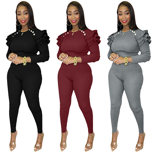 Flounces Long Sleeve T-shirt Skinny Pants Two Piece Outfits XMY-9290