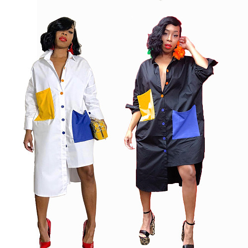 Hot Style Patchwork Long Sleeve Irregular Hemline Shirt Dress BN-9135