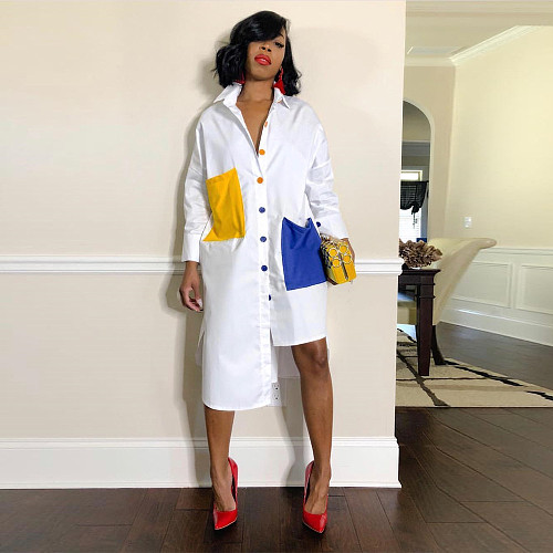 Hot Style Patchwork Long Sleeve Irregular Hemline Shirt Dress BN-9135
