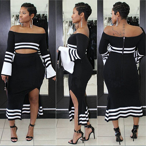 Sexy Off Shoulder Flared Sleeve Top High Slit Skirt Two-piece Outfit BN-9031