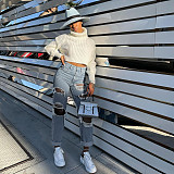 Casual Trendy Women's Clothing Loose Mid Waist Denim Jeans LX-5502