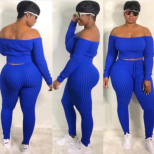 Knitted Solid Color Off Shoulder Crop Top Two Piece Pants Outfits JLY-1085