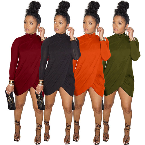 Sexy Solid Color Cross-cut Long Sleeve Turtleneck Dress ASL-6333