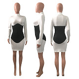 Solid Color Splicing Long Sleeves Turtleneck Skinny Midi Dress NIK-202