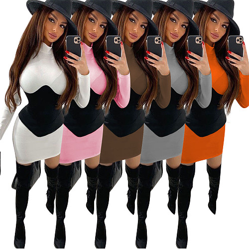 Solid Color Splicing Long Sleeves Turtleneck Skinny Midi Dress NIK-202