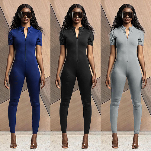 Solid Color Short Sleeve Front Zipper Skinny Fitness Jumpsuit GLS-8117