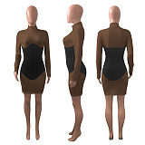 Solid Color Splicing Long Sleeves Turtleneck Skinny Midi Dress NIK-202