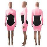 Solid Color Splicing Long Sleeves Turtleneck Skinny Midi Dress NIK-202