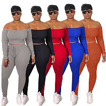 Knitted Solid Color Off Shoulder Crop Top Two Piece Pants Outfits JLY-1085