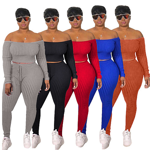 Knitted Solid Color Off Shoulder Crop Top Two Piece Pants Outfits JLY-1085