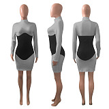 Solid Color Splicing Long Sleeves Turtleneck Skinny Midi Dress NIK-202