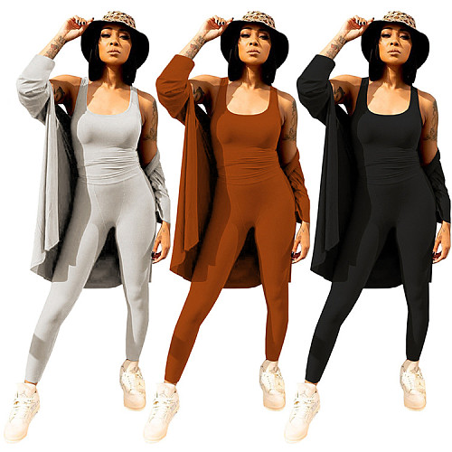 Women Solid Color Long Cardigan Vest Long Pants 3 Piece Set GLS-8050