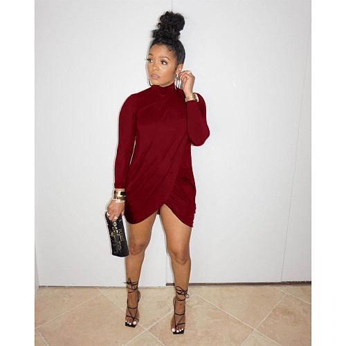 Sexy Solid Color Cross-cut Long Sleeve Turtleneck Dress ASL-6333