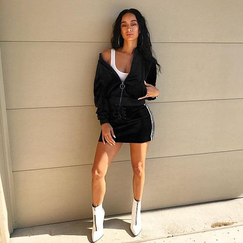 Velvet Long Sleeve Zipper Top Mini Skirt Two Piece Outfits LSL-6022
