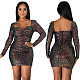 Women Elegant Sequin Long Sleeve Bodycon Mini Dress LX-8569