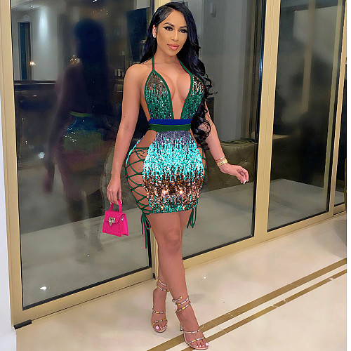 Hollow Out Sexy Backless Deep V Neck Sequin Mini Dress SH-390072