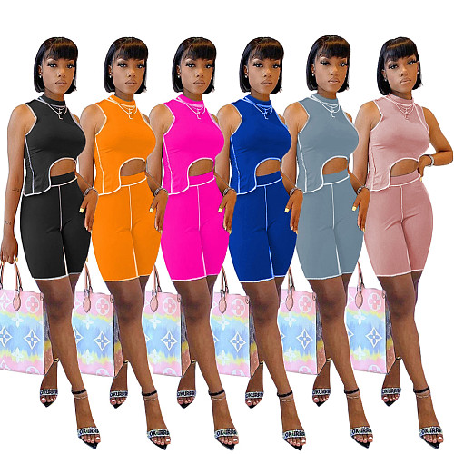 XS Casual Sleeveless Vest Crop Top Shorts Two Piece Set MAE-2076