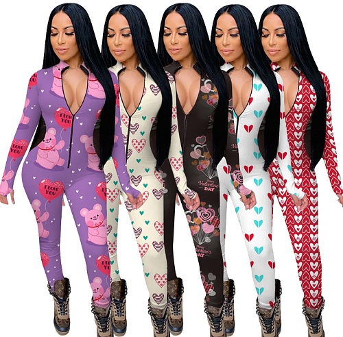 Valentine's Day Element Print Long Sleeve Front Zipper Jumpsuit YMT-6191