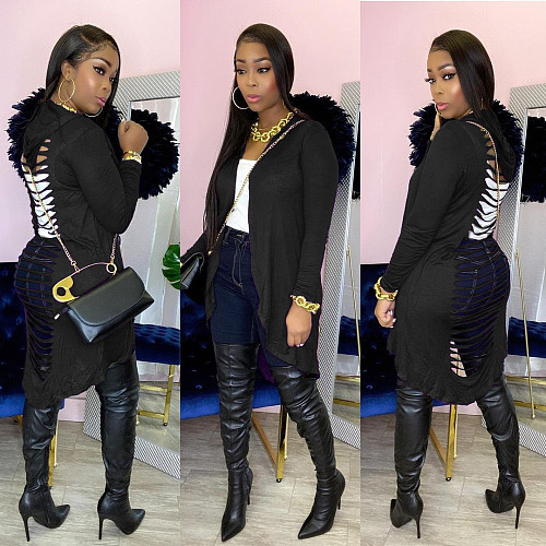 Solid Color Back Hollow Out Long Sleeve Irregular Hooded Coat SHD-9343