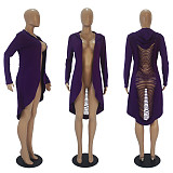 Solid Color Back Hollow Out Long Sleeve Irregular Hooded Coat SHD-9343