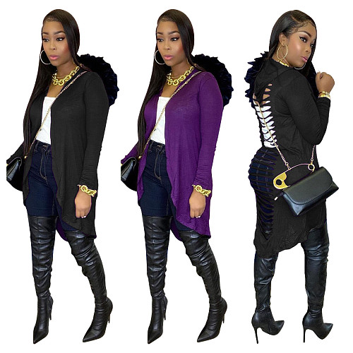 Solid Color Back Hollow Out Long Sleeve Irregular Hooded Coat SHD-9343
