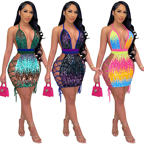 Hollow Out Sexy Backless Deep V Neck Sequin Mini Dress SH-390072