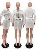 Solid Color Lace Up Long Sleeve Shirt Top Skirt 2 Piece Outfits WSM-5219