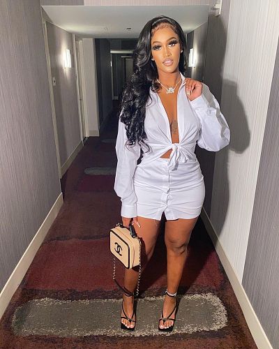 Solid Color Lace Up Long Sleeve Shirt Top Skirt 2 Piece Outfits WSM-5219