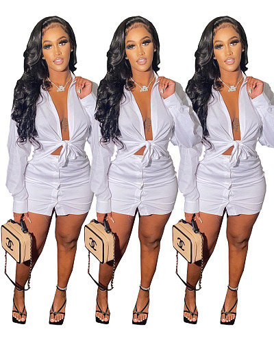 Solid Color Lace Up Long Sleeve Shirt Top Skirt 2 Piece Outfits WSM-5219