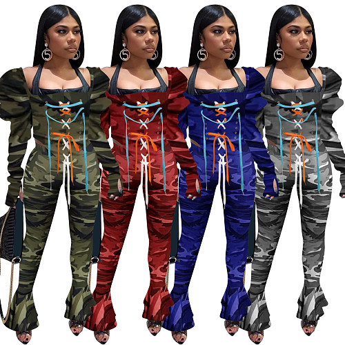 Camouflage Printed Square Neck Lace Up Top Leggings Two Pieces NIK-196