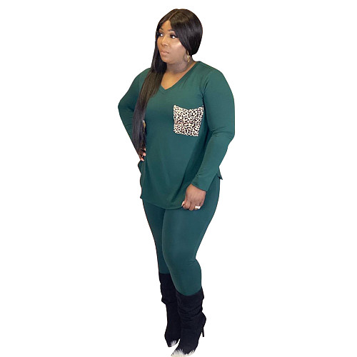 Plus Size 5X Leopard Print Pocket Splicing Long Sleeve 2 Piece Set WA-7107