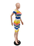 Striped Print Short Sleeve Round Neck Backless Skinny Romper WSM-5223