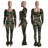 Camouflage Printed Square Neck Lace Up Top Leggings Two Pieces NIK-196