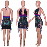 Hollow Out Sexy Backless Deep V Neck Sequin Mini Dress SH-390072