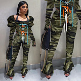 Camouflage Printed Square Neck Lace Up Top Leggings Two Pieces NIK-196