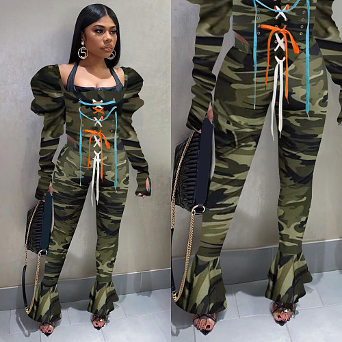 Camouflage Printed Square Neck Lace Up Top Leggings Two Pieces NIK-196