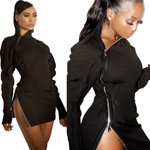 Women Long Sleeve Side Slit Zipper Sexy Bodycon Mini Dress RS-9263