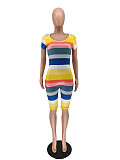 Striped Print Short Sleeve Round Neck Backless Skinny Romper WSM-5223