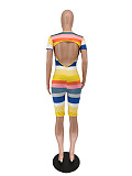 Striped Print Short Sleeve Round Neck Backless Skinny Romper WSM-5223