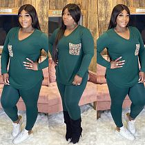 Plus Size 5X Leopard Print Pocket Splicing Long Sleeve 2 Piece Set WA-7107