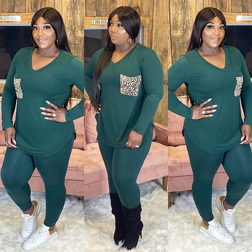 Plus Size 5X Leopard Print Pocket Splicing Long Sleeve 2 Piece Set WA-7107