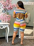 Striped Print Short Sleeve Round Neck Backless Skinny Romper WSM-5223