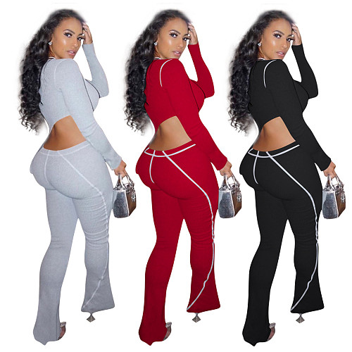 Thread Long Sleeve Workout Crop Top Leggings 2 Piece Set TE-4183