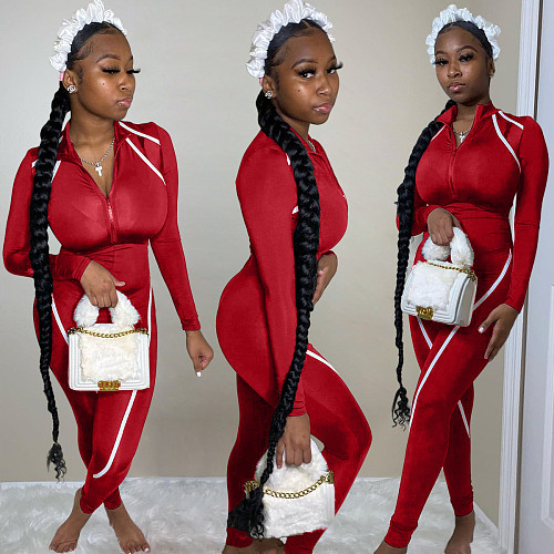 Women Mesh Stitching Long Sleeves Front Zipper Skinny Jumpsuit AL-223