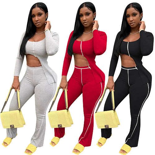 Thread Long Sleeve Workout Crop Top Leggings 2 Piece Set TE-4183